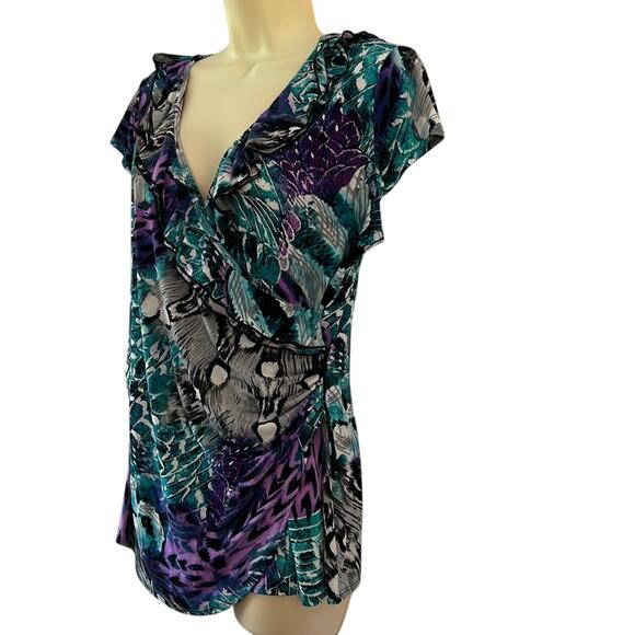 Luciano Dante Colorful Slinky Knit Surplice Top Blouse Woman Size Large Stretch - Picture 2 of 9
